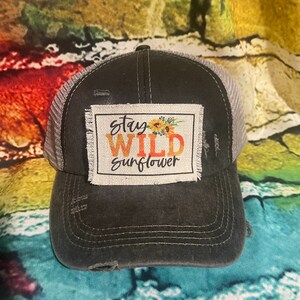 Stay wild sunflower patched ponytail hat | gift for mothers day | hippie hat image 1