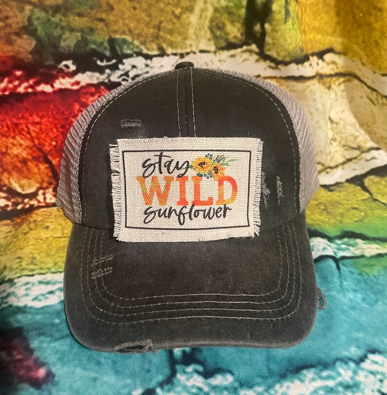 Stay wild sunflower patched ponytail hat | gift for mothers day | hippie hat image 1
