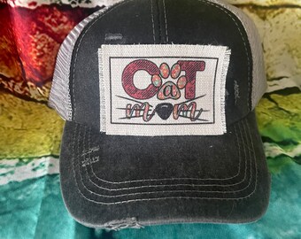 Cat mom patched ponytail hat (pink) | Feline Mom gift| Fur Mom Hat | gift for mom | cat mom gift | cat lover