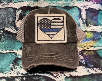 Blue line heart ponytail hat | police wife gift | blueline | back the blue | Thin Blue Line Gift | police patched hat | police woman gift