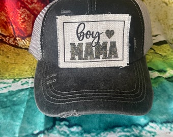 Boy mama with heart | Distressed Criss-Cross high Ponytail Mesh-back Trucker Cap With Patch | gift for mom | boy mom hat | Mothers Day Gift