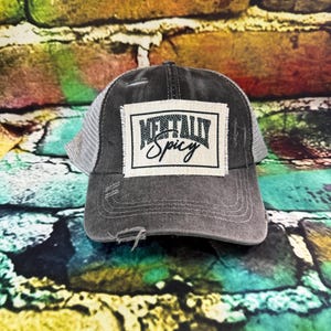 May include: A gray trucker hat with a white mesh back and a distressed brim. The hat features a rectangular patch with the words "Mentally Spicy" in a stylized font.