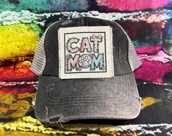 Cat mom patched ponytail hat| Feline Mom gift| Fur Mom Hat | gift for mom | cat mom gift | cat lover | beach hat for her