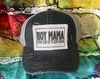 Boy mama from son up to son down | Distressed Criss-Cross high Ponytail Mesh-back Trucker Cap With Patch | gift for mom | boy mom hat | Mama