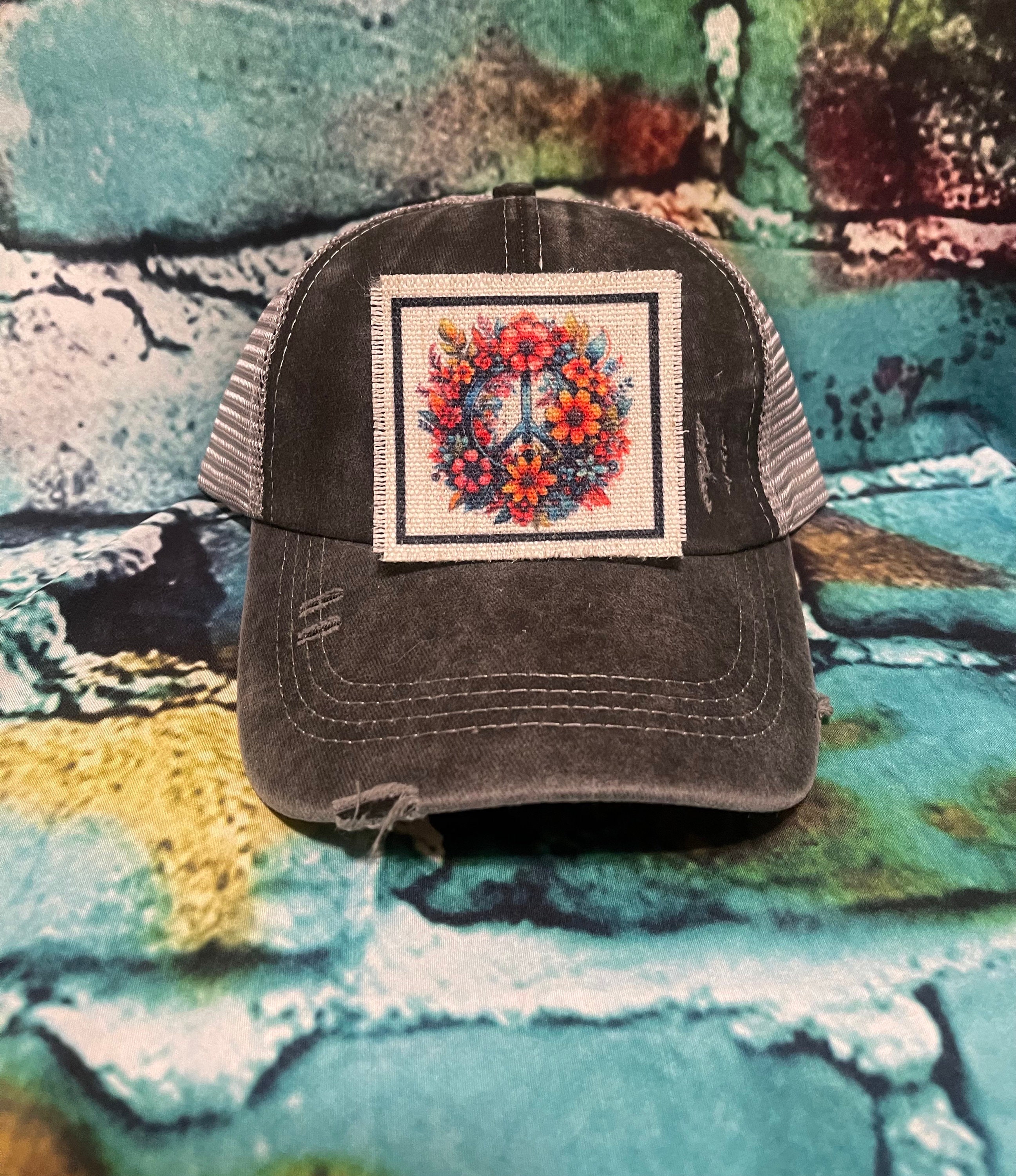 Peace Sign (floral) Patched Ponytail Hat | Peace Lover 