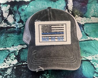 Back the blue patched ponytail hat #1| police wife gift | blueline | back the blue | Thin Blue Line Gift | police patched hat | police woman