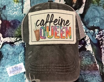 Caffeine queen patched ponytaol hat | gift for coffee lover | mom runs on coffee hat | summertime hat | caffeine lover gift