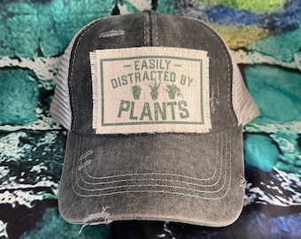 Easily distracted by plants patched hat | plant lady patched hat | gift for plant lover | plant lady gift | plant lover | gardener gift