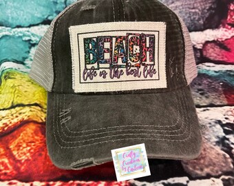 beach life is the best life Distressed Criss-Cross high Ponytail Mesh-back Trucker Cap Patch | gift for mom | patched hat | Ponytail Cap