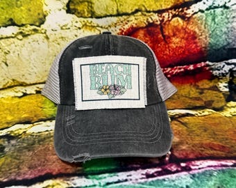 Beach Bum Ponytail Trucker Hat: Distressed Patch Cap