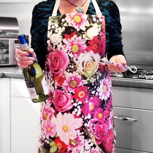 Floral Kitchen Apron: Pink Roses & Cosmos, Adjustable Cotton Apron