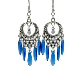 Blue Czech Glass Beads and Silver Circle Charm Earrings