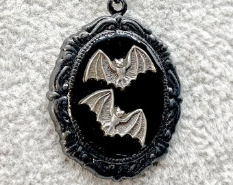 Two Tiny Silver Bats in Small Black Baroque Pendant Gothic Necklace