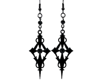 Black Gothic Pointy Cross and Bead Earrings
