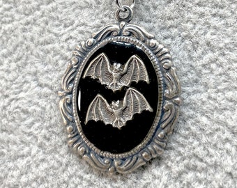 Tiny Bats on Black Silver Gothic Necklace