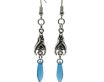 Silver Hanging Bat and Blue Czech Bead Earrings