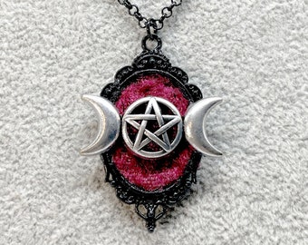 Burgundy Velvet with Double Moon and Pentacle Gothic Witchy Necklace