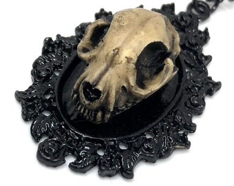 Small Antiqued Resin Cat Skull on Black Gothic Pendant Necklace