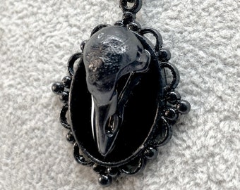 Black Metal Bird Skull on Black Pendant Gothic Necklace