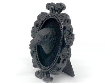 Small Black Resin Oval Frame and Raven Head on Black Velvet Gothic Home Deco
