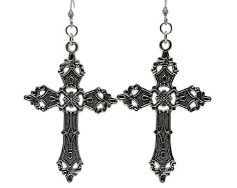 Ornate Gothic Silver Cross Earrings