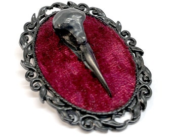 Burgundy Velvet with Black Metal Bird Skull Gothic Victorian Brooch