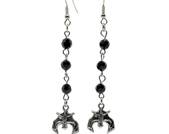 Silver Hanging Bat and Black Beads Gothic Earrings