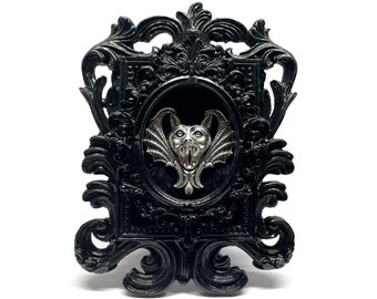 Small Black Resin Frame with a Silver Gargoyle on Black Velvet Gothic Home Deco