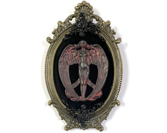 Red Angel on Black Velvet in a Antique Wall Frame - Gothic Home Deco