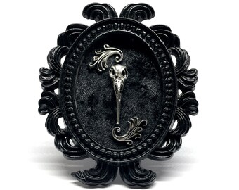 Small Black Resin Oval Frame with Silver Metal Bird Skull on Black Velvet Gothic Home Deco