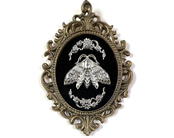 Large Silver Moth on Black Velvet in a Antique Wall Frame - Gothic Home Deco