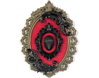 Black Resin Crows Head on Red Velvet in a Antique Wall Frame - Gothic Home Deco
