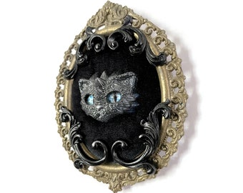 Small Resin Dragon Cat Face on Black Velvet in a Antique Wall Frame - Gothic Home Deco