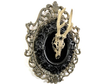 Small Resin Deer Skull on Black Velvet in a Antique Wall Frame - Gothic Home Deco