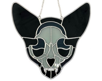 Stained Glass Black Cat Head and Skull