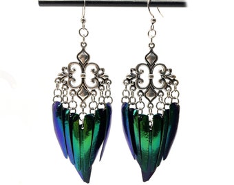 Blue Green Jewel Beetle Earrings with Silver Nouveau Ornament