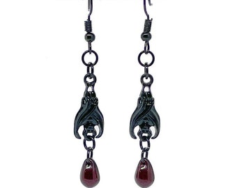 Blue Hanging Bat with Blood Red Czech Drop Bead Gothic Earrings