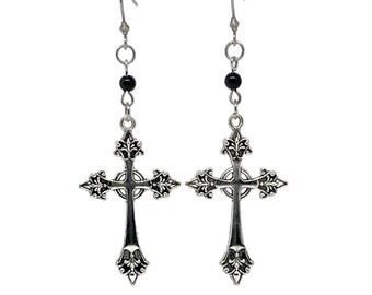 Silver Gothic Cross and Black Bead Earrings