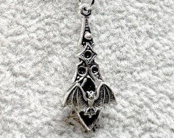 Tiny Silver Bat on a Vintage Silver Pendant Gothic Necklace