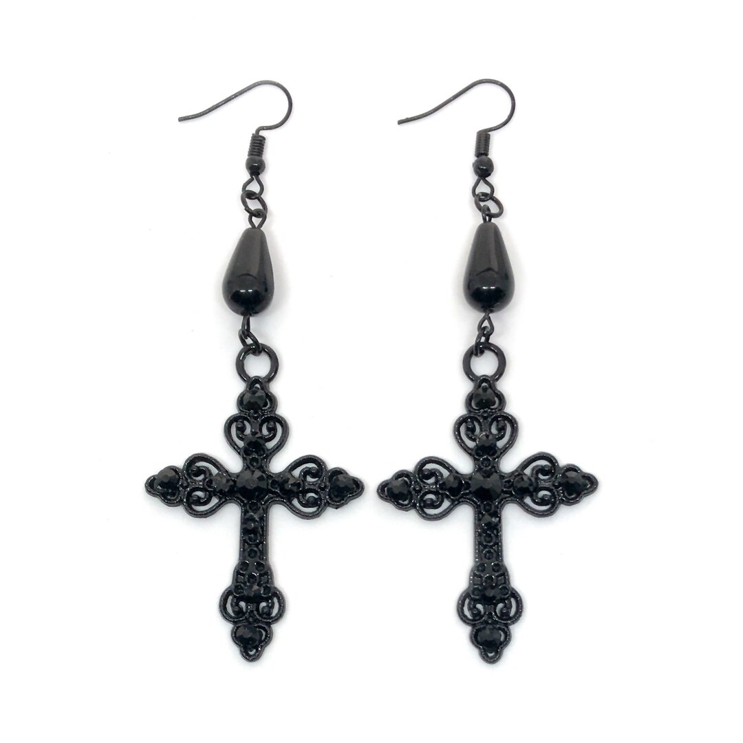 Gothic Black Cross Earrings With Choice of Colored Stones Etsy