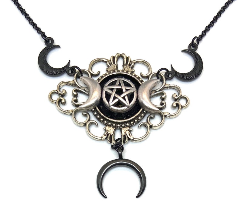 Witchy Occult Pentacle and Moons Black and Silver Gothic Necklace