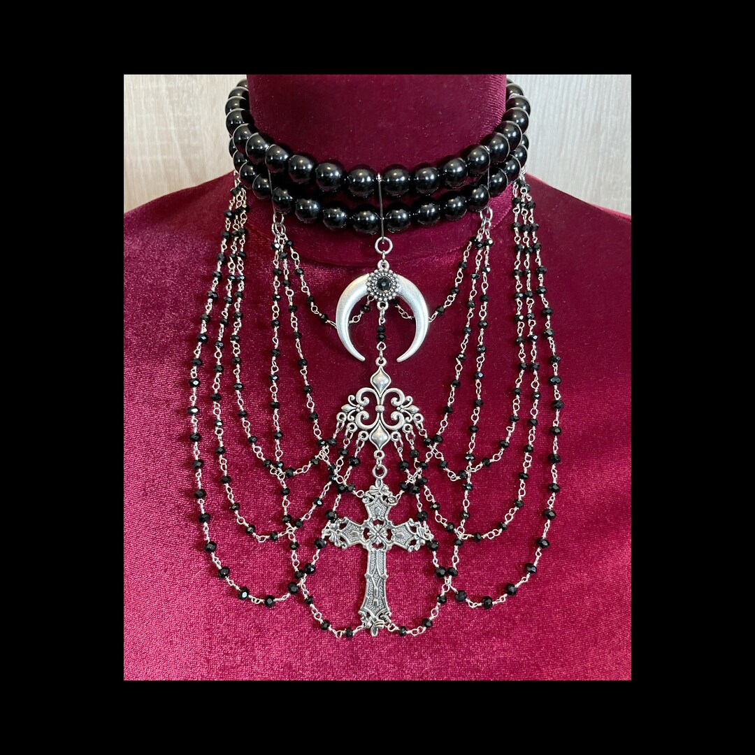Gothic Black Cross Layered Beaded Choker Necklace - Star Charm Jewelry Gift For Women & Men - View #8