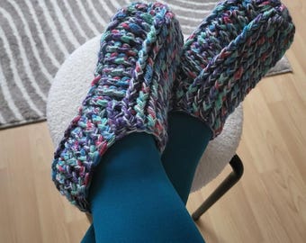 Handmade Crochet Cozy Sloppers. Navy blue and pink Home Slippers.