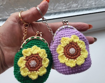 Sunflower Crochet Coin Green and Purple Purse with Kiss Claps Keychain. Handmade sunflower coin purse