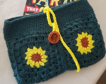 Funda de libro de girasoles de crochet: Funda de libro acrílica hecha a mano