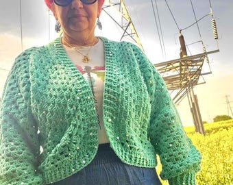 Handmade Crochet Mint Cardigan with Sequins – Lightweight Summer Jacket