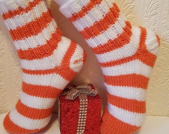 Hand Knitted Wool Socks: Striped Women's Socks, UK Size 5
