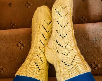 Hand-Knitted Yellow Openwork Wool Socks: Chunky Bed Slippers, UK Size 7