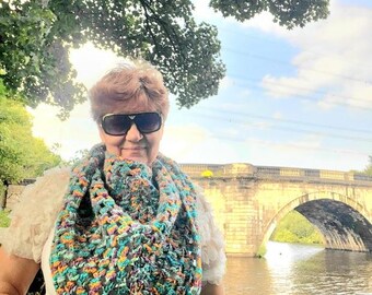 Handmade Crochet Triangular Shawl: Boho Wool Blend, Turquoise Green, Purple, Brown