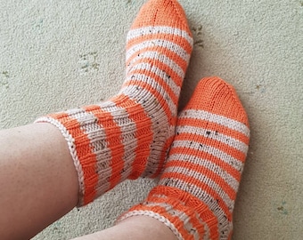 Hand Knitted Wool Socks: Striped Winter Socks, UK Size 6/38-39